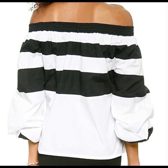 MLM Off Shoulder Black & White Wide Striped Cropped Puffy Long Sleeve Top  XS - Picture 2 of 13